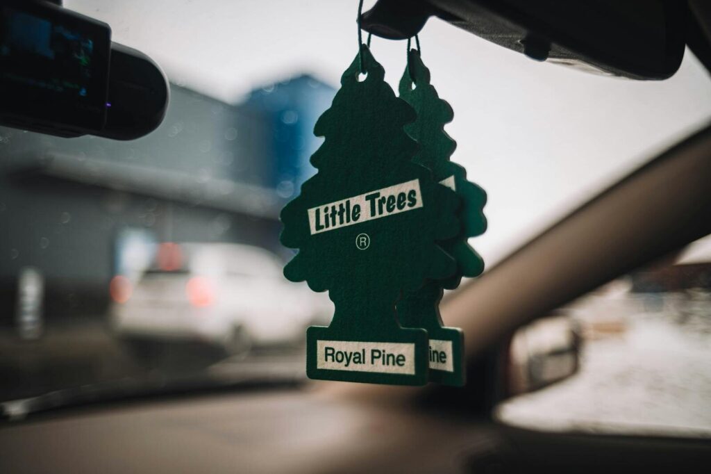Green tree-shaped air freshener hanging from car mirror, depicting 'Royal Pine' scent.