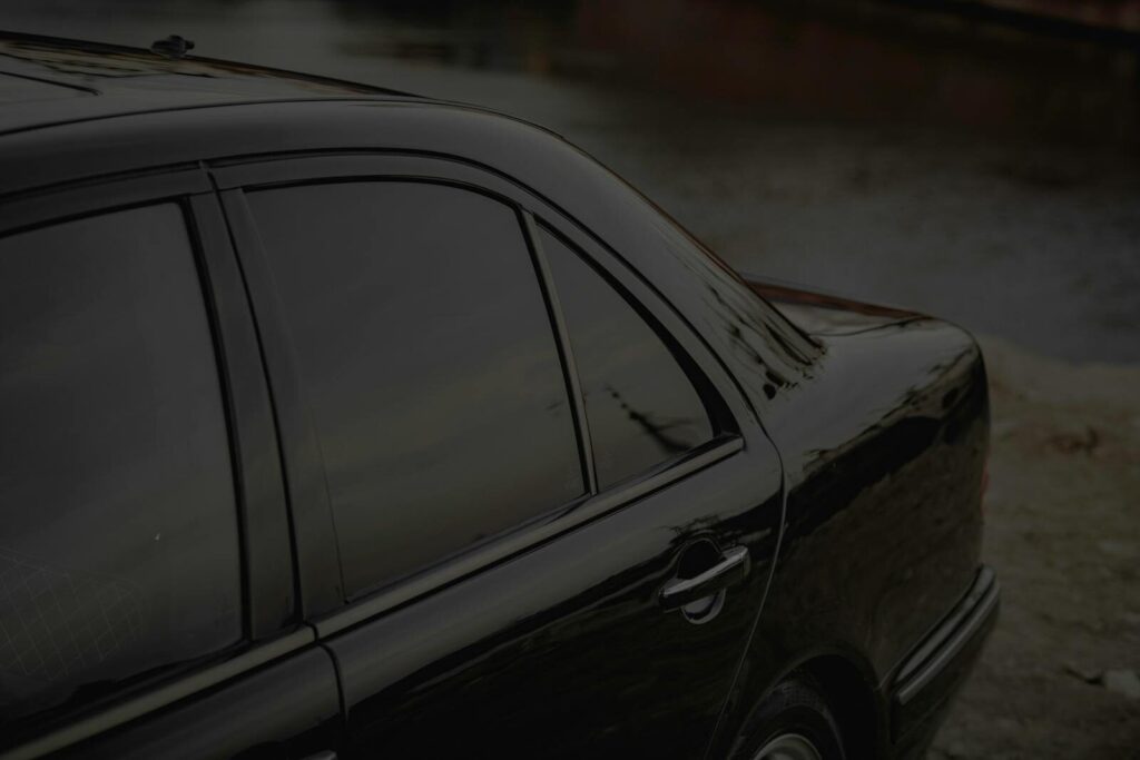 Close-up of a black car's side view with tinted windows by a calm riverbank.