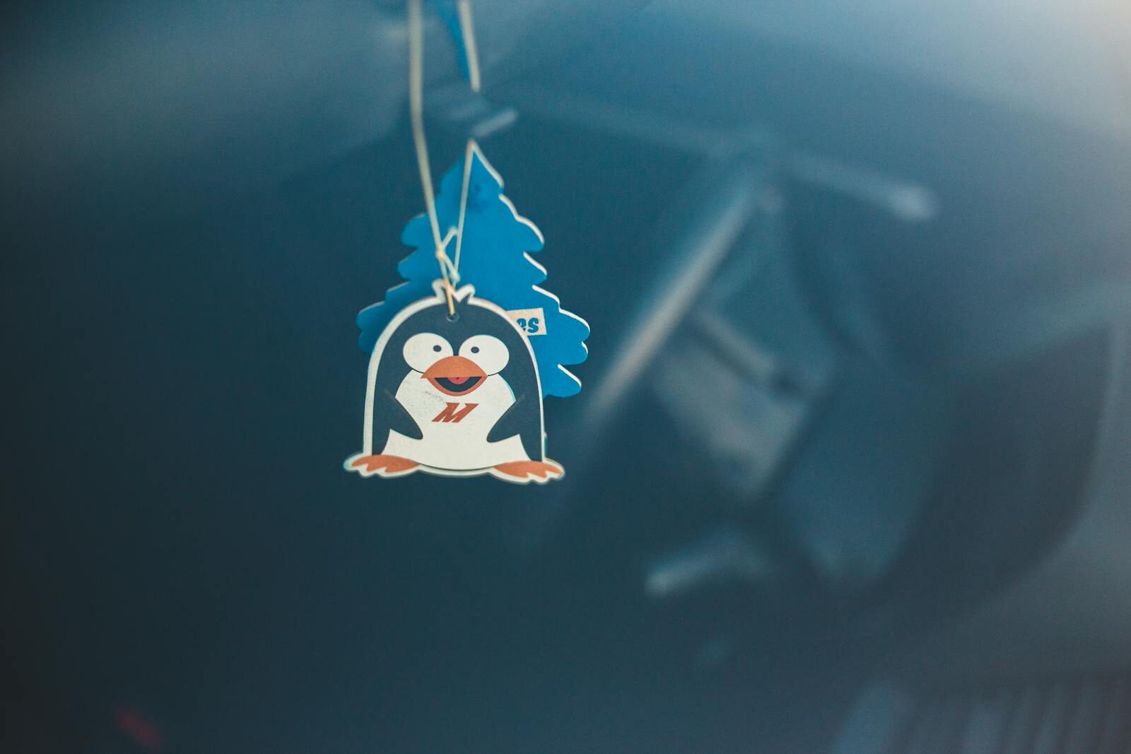 Photo by Erik Mclean A cute penguin-themed air freshener hanging in a car with soft focus background.