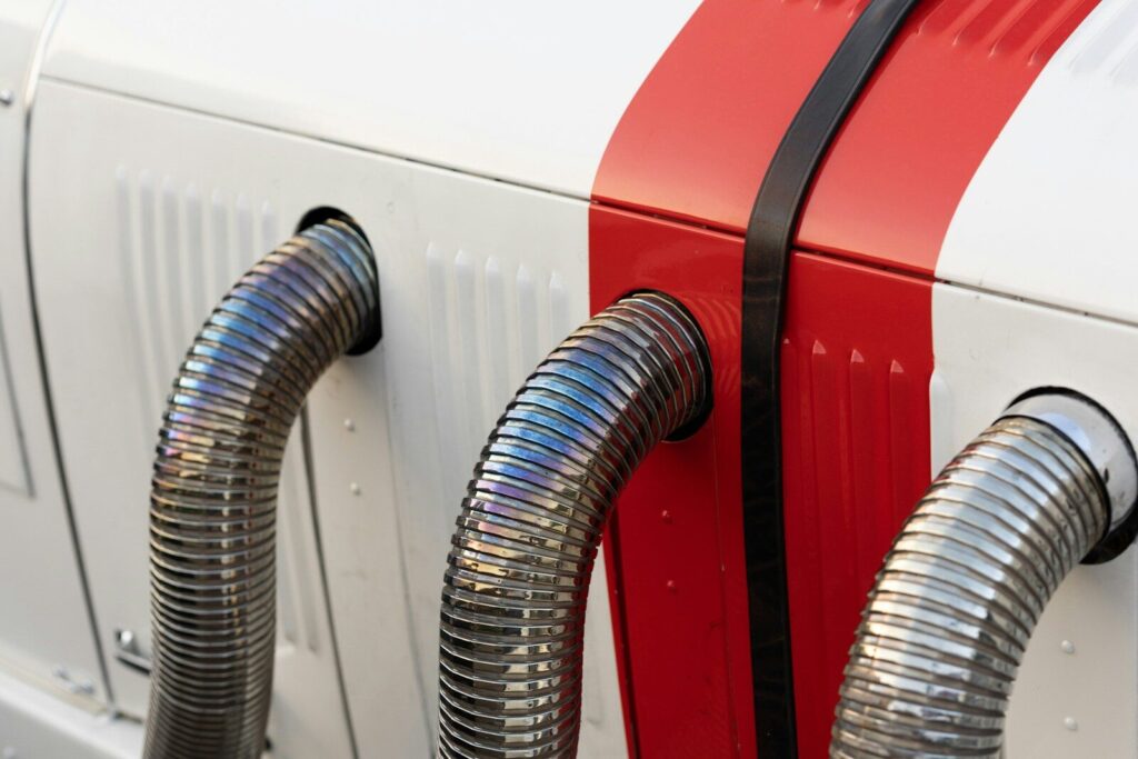 a close-up of a red and white car